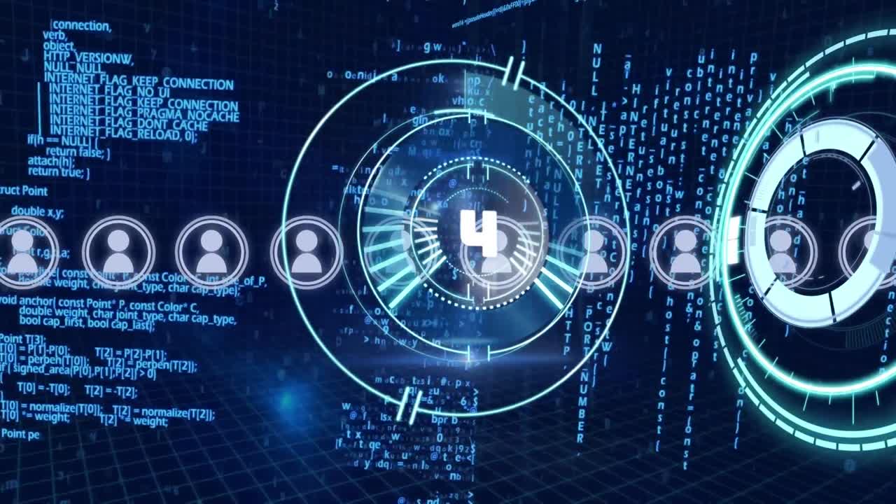 animación de los iconos de perfil sobre el cambio de números en los círculos de carga sobre el lenguaje informático