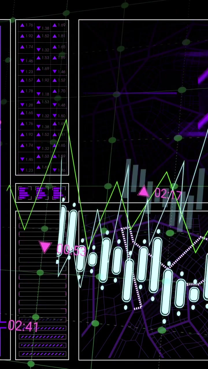 Animation of interface with data processing over grid network against black background