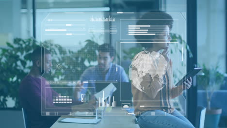 digital data and world map animation over business people working in office