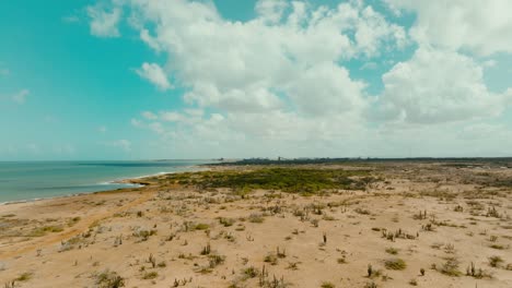 Aerial-shot-of-the-desert-beach-and-the-ocean,-Colombia,-La-Guajira