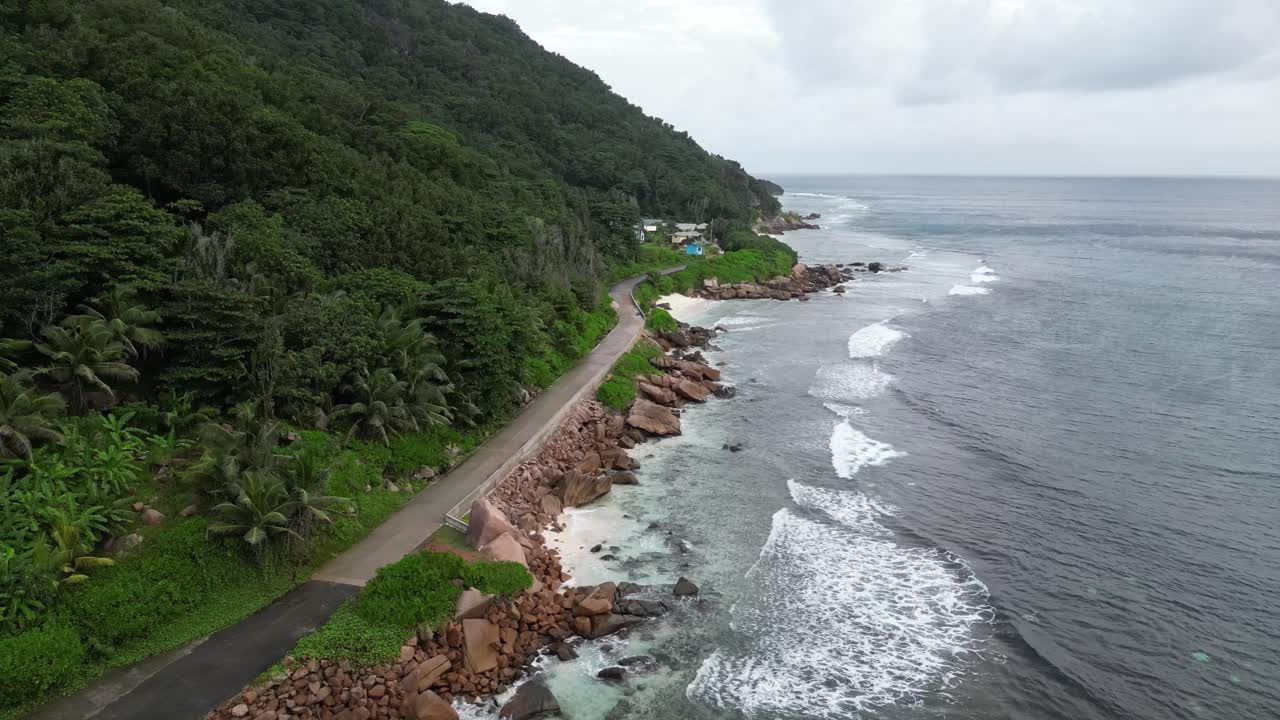 drone fly above scenic coastline in La Digue Island, Seychelles archipelago Indian Ocean