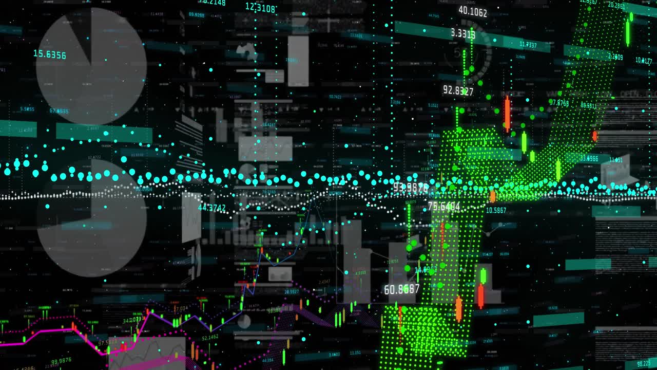 Animation of financial and statistical data processing against black background