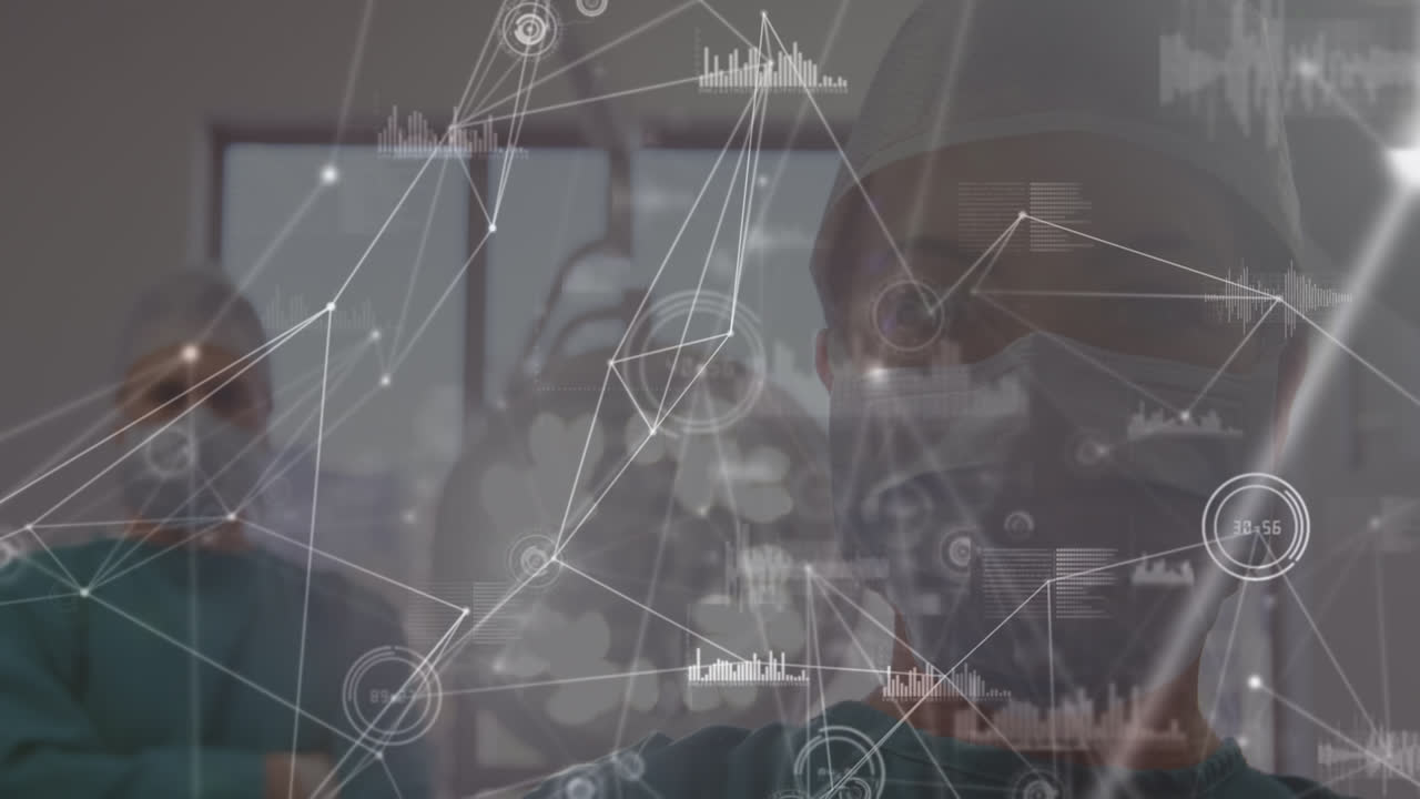 얼굴 마스크를 착용한 백인 외과 의사들에 대한 연결 네트워크의 애니메이션