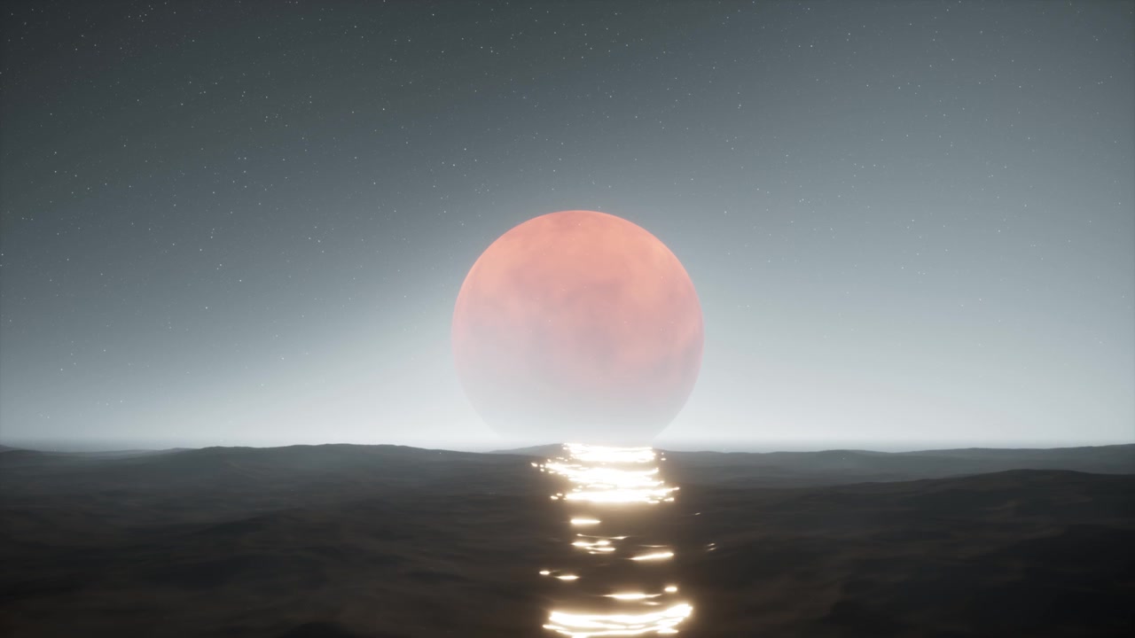 Surreal Pink Moon Rising Over Dark Ocean Under Starry Sky