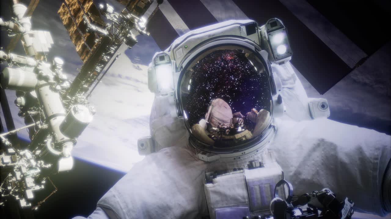 Astronaut floating in space with earth and international space station in view