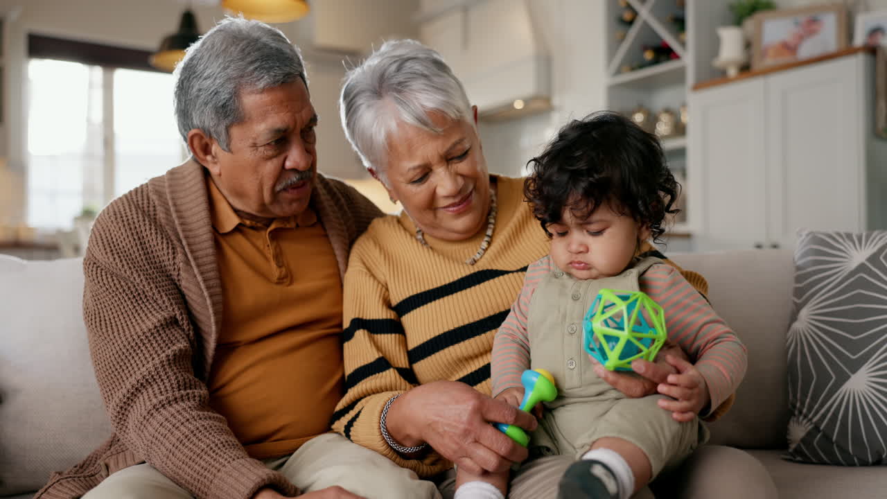 Grandparents, grandchild and home with toy