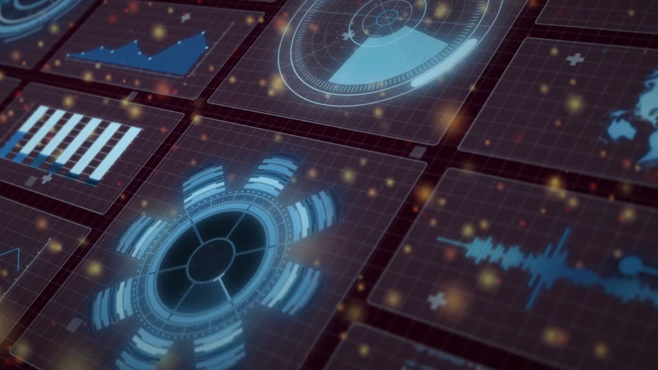 On data pulse 3D HUD grid animating radial scanner, filling gauge, moving waveform for monitoring