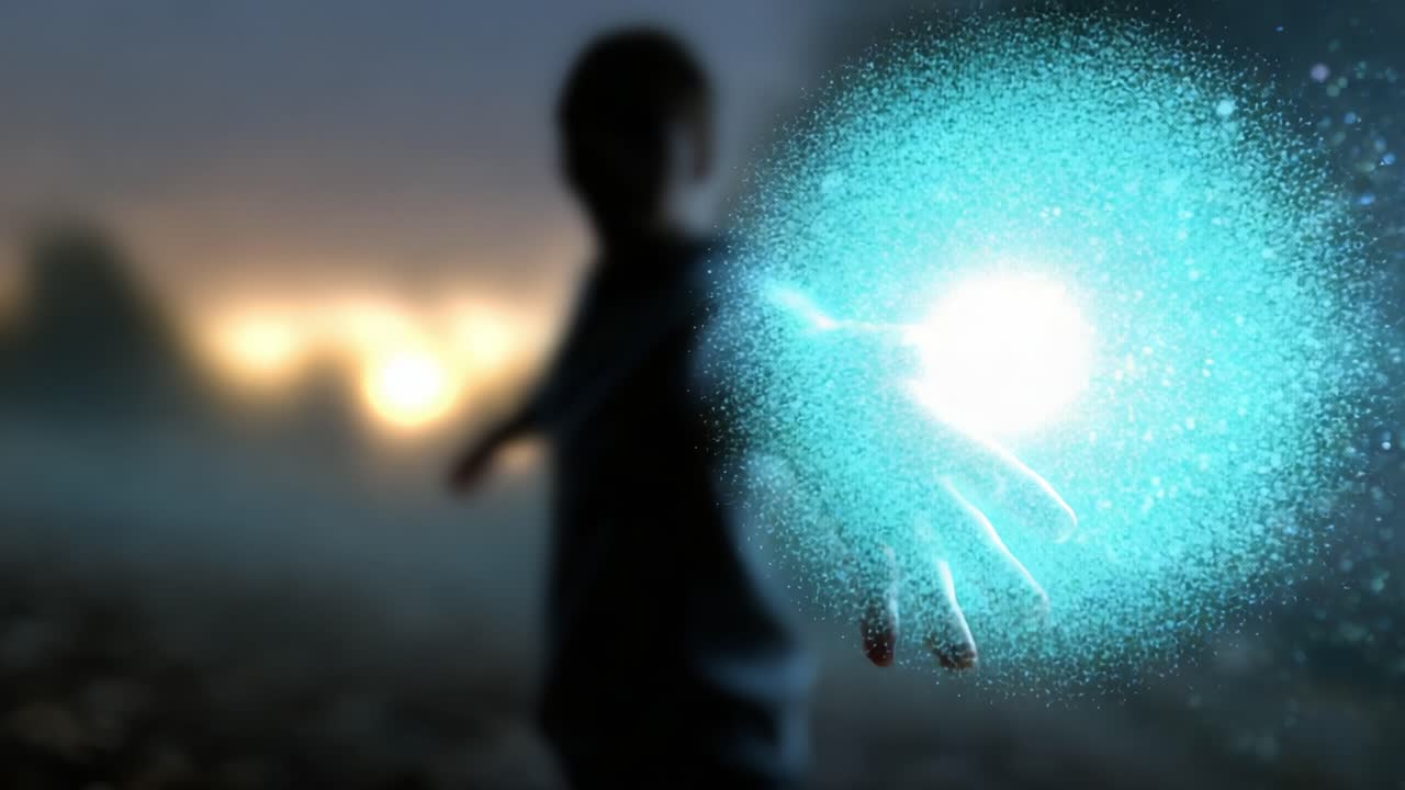 A child reaches out into the night, emanating a mystical glow from their hand, suggesting a connection to magic and wonder in a dreamy and atmospheric setting