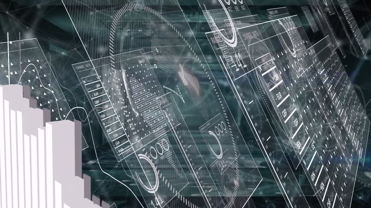 검은색 배경에 데이터 처리 및 연결 네트워크의 애니메이션