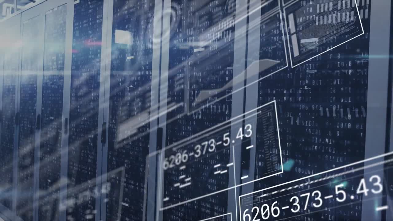 Animation of interface with data processing and light spot against computer server room