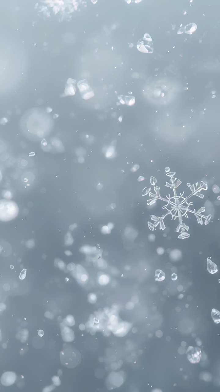 Vertical video: Drifting six-armed flakes and ice shards rotating, gliding in macro as specks start