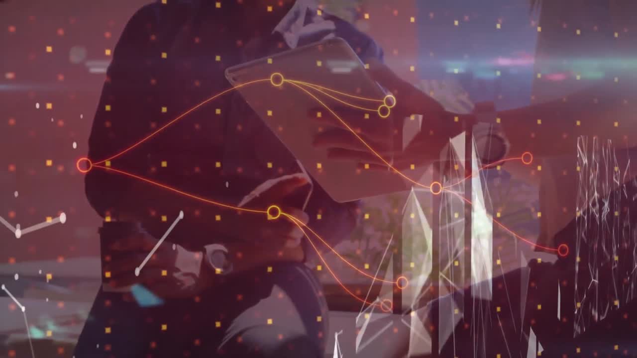 사무실에 있는 백인 사업가들 위에 움직이는 모양의 애니메이션