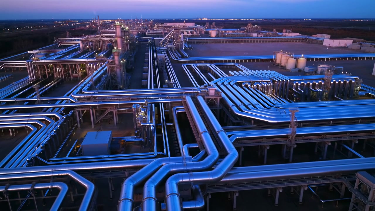 High oblique aerial view shows large industrial processing plant at dusk with extensive insulated stainless steel piping, elevated pipe racks, layered conduits, and cool twilight lighting across