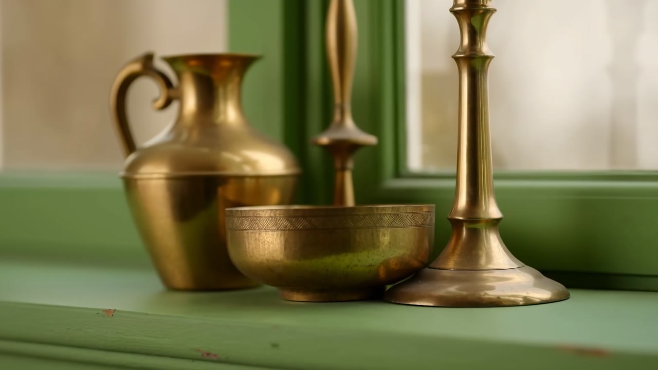 Brass Jug Bowl Candlestick On Green Windowsill, Warm Morning Light Highlights Golden Patina On Antique Metal,