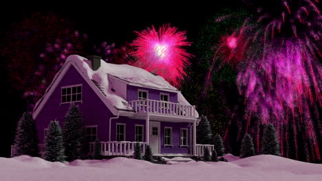 animación de navidad rosa y fuegos artificiales de año nuevo explotando en el cielo nocturno sobre la casa en la nieve