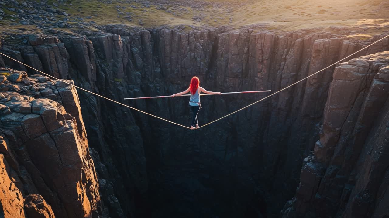 A Daring Tightrope Walker Balancing High Above a Deep Chasm, Showcasing Fearlessness and Precision in a Stunning Natural Landscape