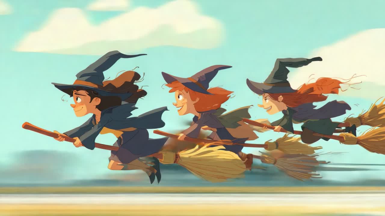 A group of cheerful witches soaring through the sky on their broomsticks, embracing the thrill of flight while showcasing their magical powers in a vibrant, animated scene