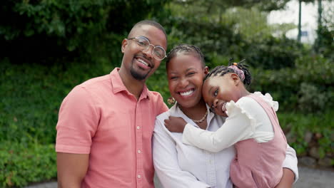 Abrazo,-Sonrisa-Y-Rostro-De-Una-Familia-Negra-En-Un-Jardín.