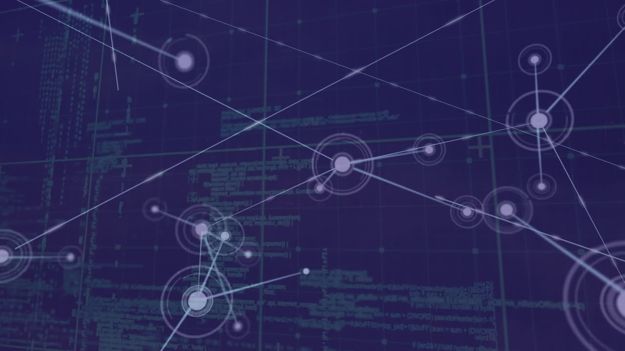 Animation of network of connections and data processing over black background