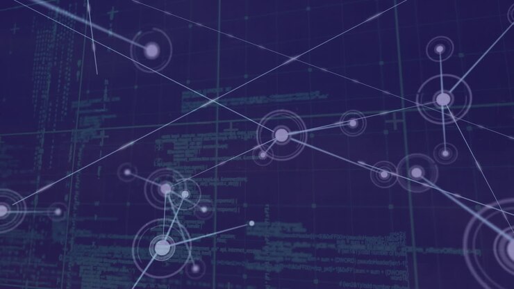 Animation of network of connections and data processing over black background