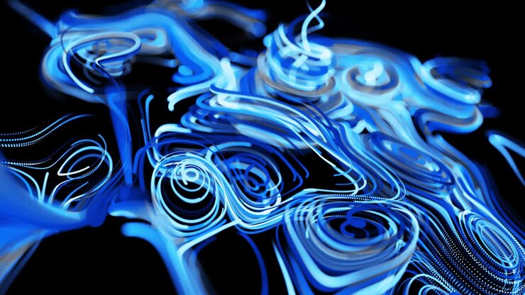 Abstract 3d looped background with lines form swirling pattern like curle noise with light streaks. Flow of particles forms curled lines like blue glow trails. Beautiful swirls of lines as abstract bg