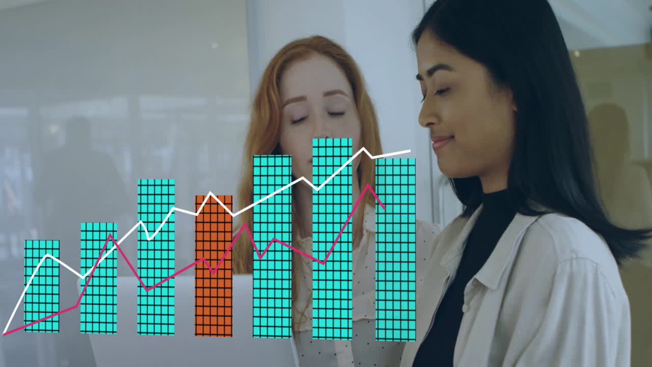 Two professionals collaborating in office, reviewing data with animated turquoise orange bar chart
