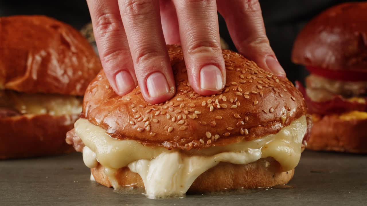 Close-up of a Delicious Hand-Assembled Cheeseburger