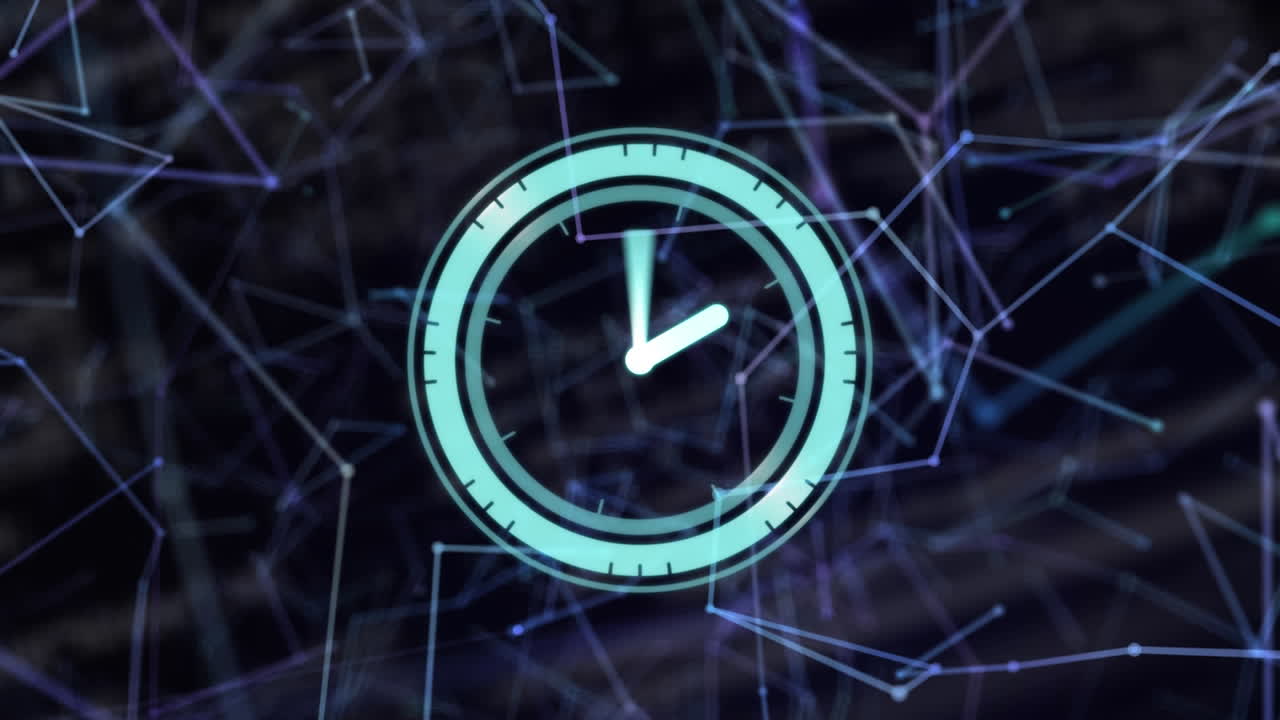 animación del reloj moviéndose rápidamente a través de la red de conexiones y procesamiento de datos