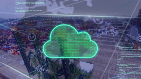 animation of clouds, data processing over cityscape