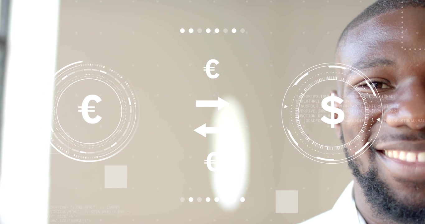 Homme près de la fenêtre observant une interface utilisateur affichant le taux de change euro-dollar, puis la livre, avant de revenir, dans un contexte financier.