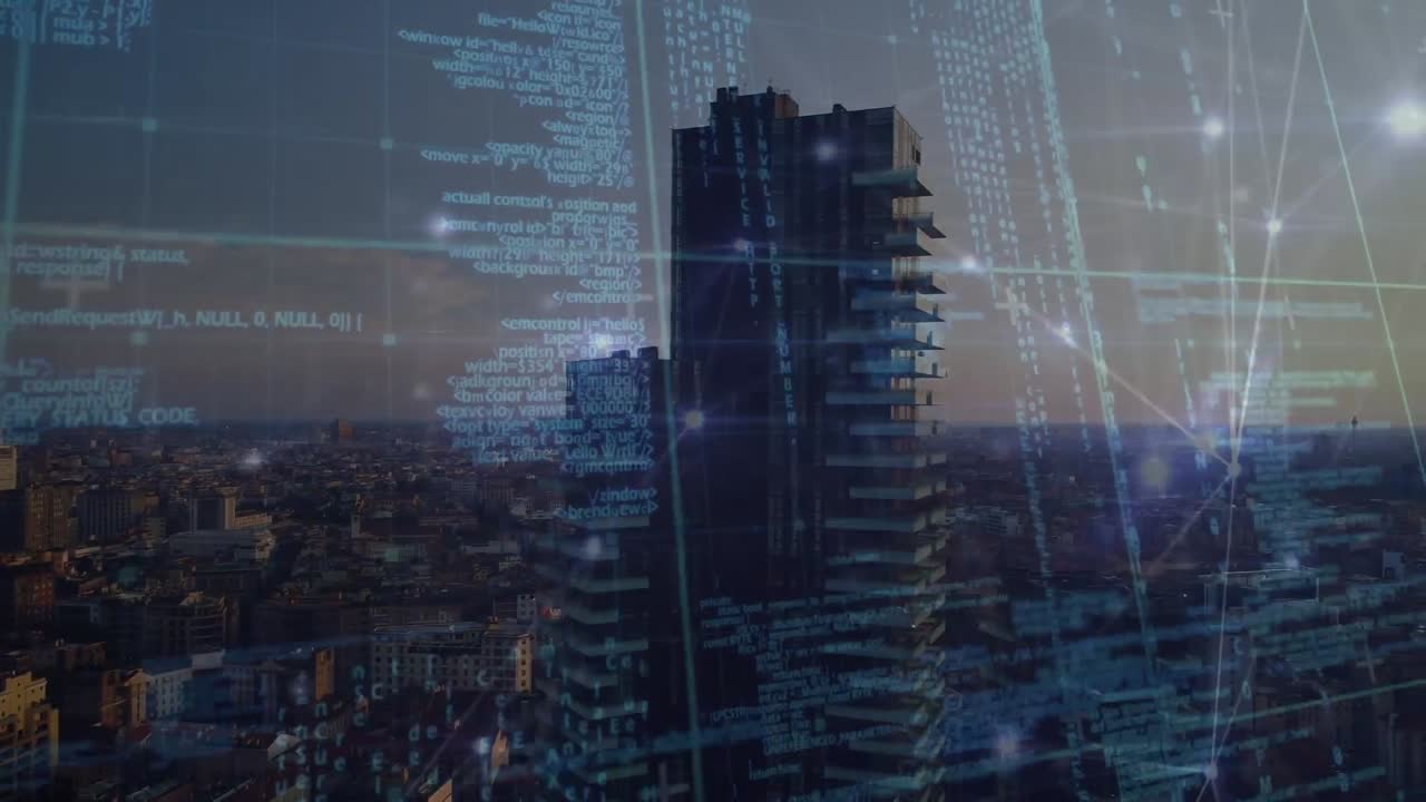 Animation of data processing and networks of connections over cityscape