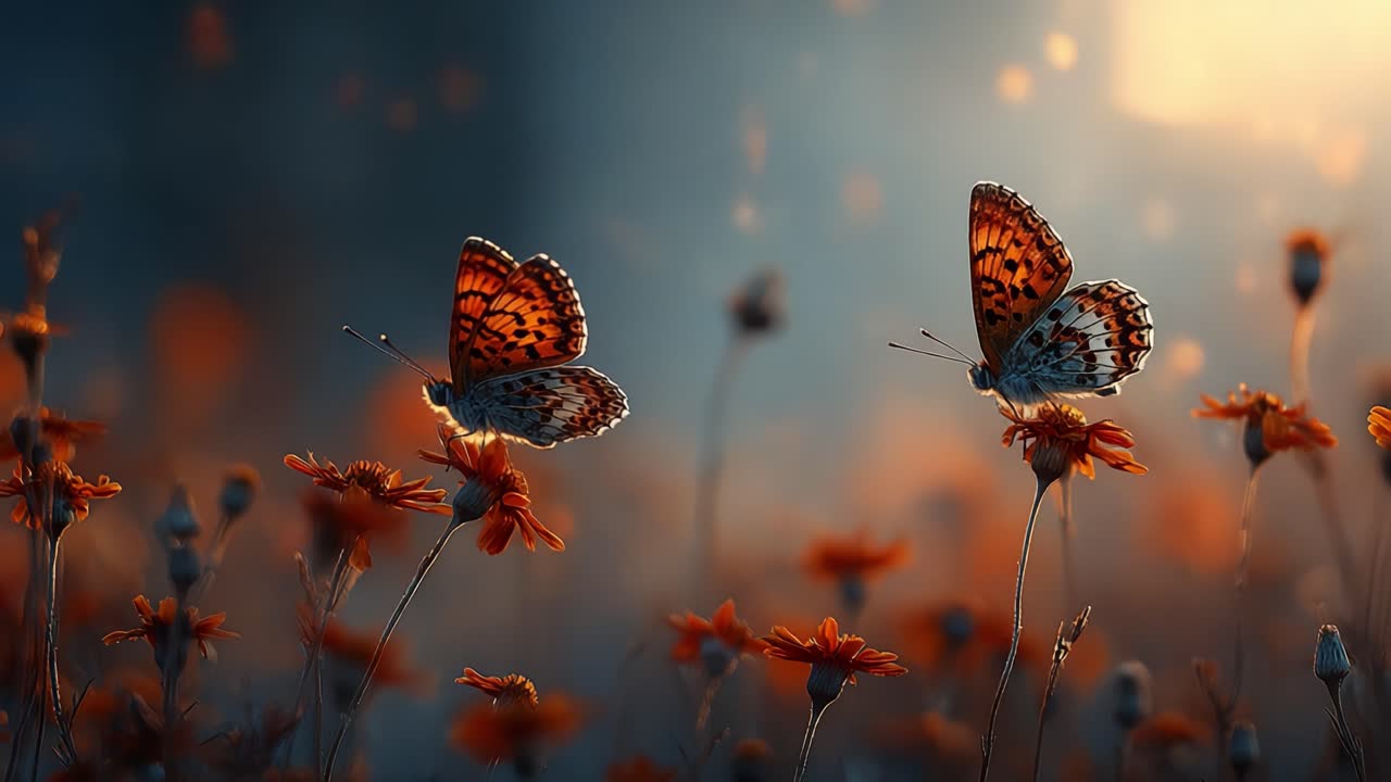 A Serene Moment of Two Butterflies Dancing Among Vibrant Flowers in a Dreamy Twilight Landscape, Capturing the Beauty of Nature's Harmony