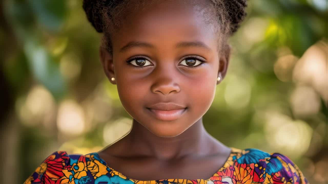 Young african girl with braided hair posing in colorful dress, looking various directions within park setting, showcasing versatile expressions