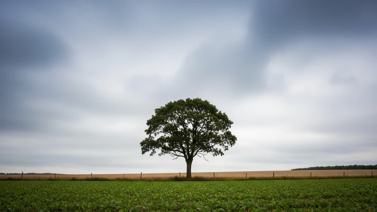A Majestic Tree Standing Alone in a Lush Field Under a Brooding Sky, Capturing the Essence of Solitude and Natural Beauty