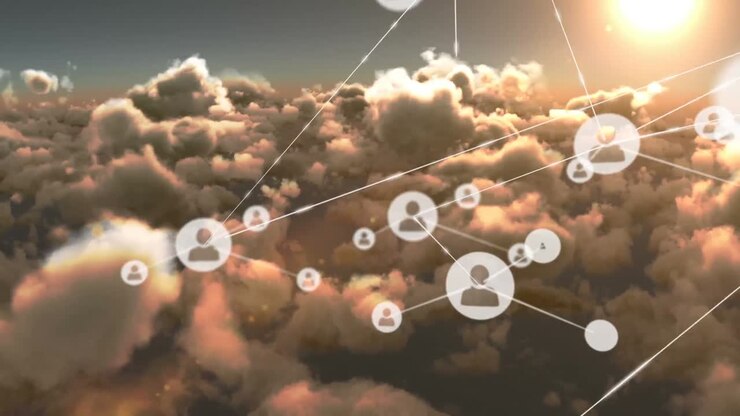 Animation of network of connections with people icons over sky with clouds