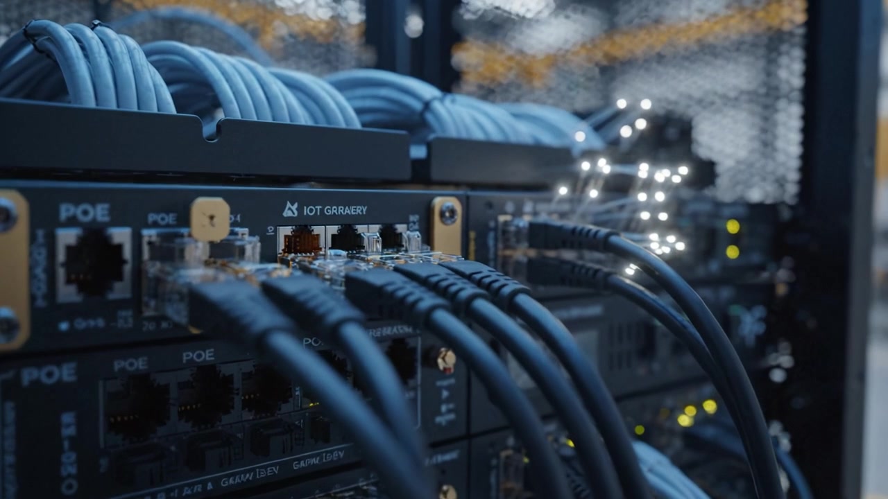 Intricate View of a Server Rack with Connected Cables and Network Equipment Showcasing a Modern Data Center Infrastructure in a Technologically Advanced Environment