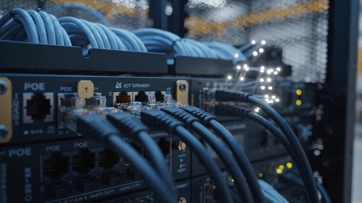 Intricate View of a Server Rack with Connected Cables and Network Equipment Showcasing a Modern Data Center Infrastructure in a Technologically Advanced Environment