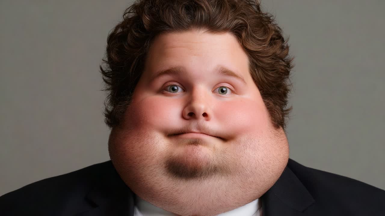 A cheerful individual with fluffy hair and a rounded face, displaying an endearing and friendly smile, captured in two frames showcasing subtle changes in expression