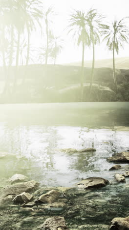 serene oasis at sunrise amidst desert landscape with palm trees and calm water