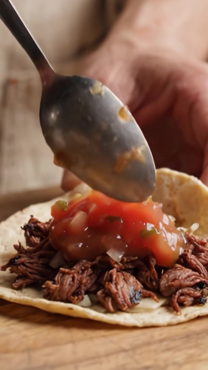Frisk salsa serveres med ske på en lækker taco fyldt med mørt strimlet kød, der indfanger essensen af smagfulde kulinariske traditioner.