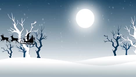 Animation-of-santa-claus-in-sleigh-with-reindeer-over-snow-falling-and-winter-landscape