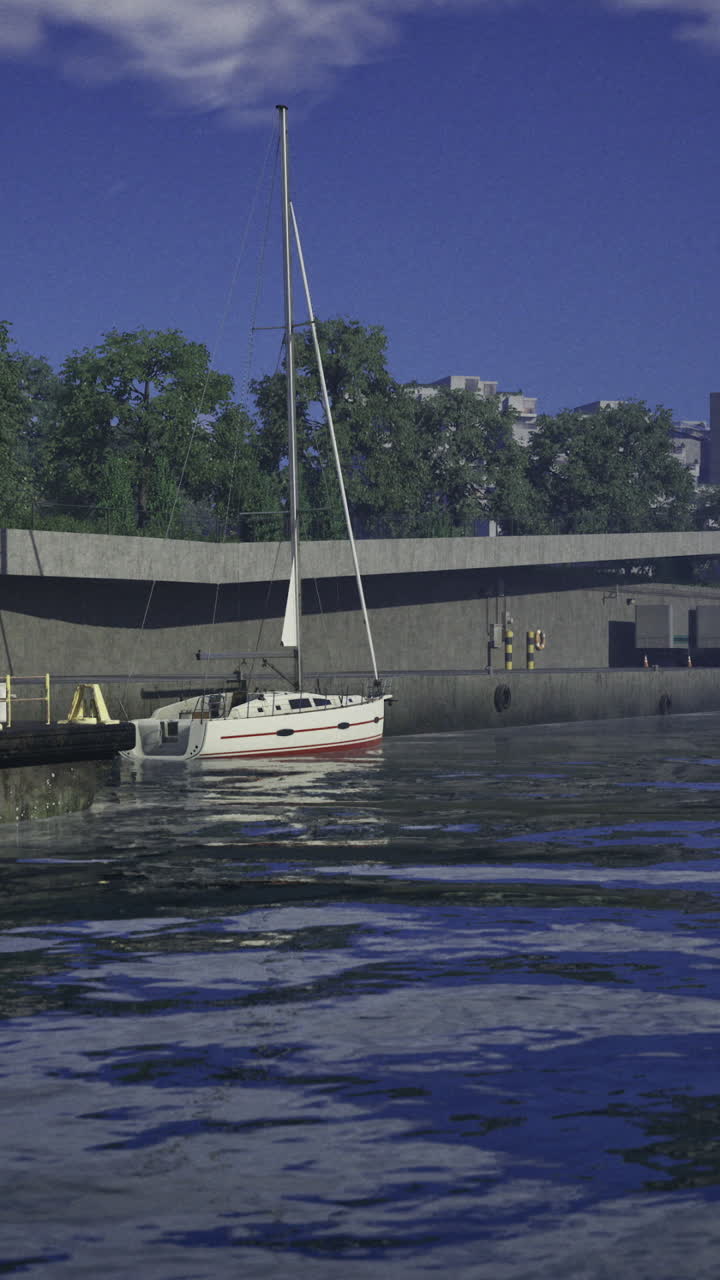 Coastal view of a marina with a yacht and calm water at sunset