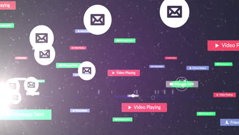 animación de iconos de sobres y texto e iconos de redes sociales sobre fondo azul