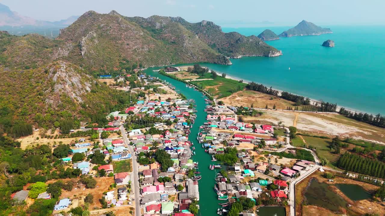 Aerial of Khao Sam Roi Yot National Park, Thailand marine park drone above scenic limestone mountain and beach , Hua Hin travel destination