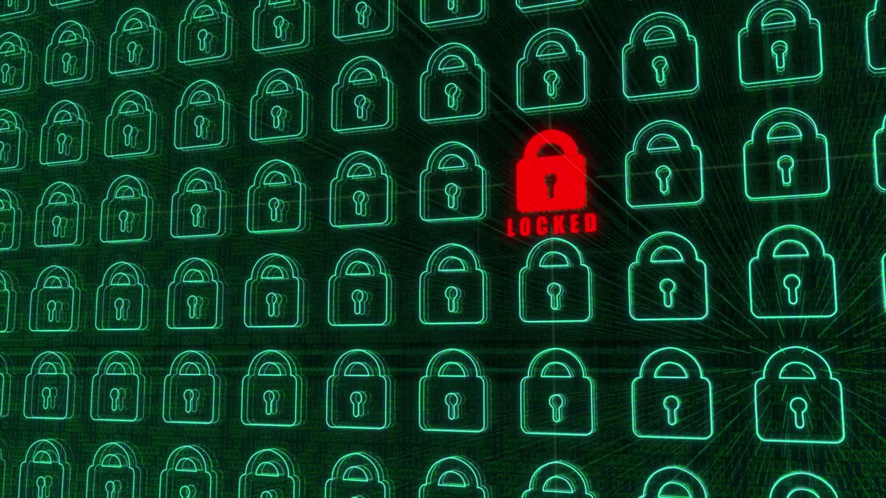 gráfico de movimiento 3d sofisticado y detallado de un hack cibernético del sistema objetivo, con localizador de objetivos y bloqueo que cambia de rojo a verde y luego transmite datos