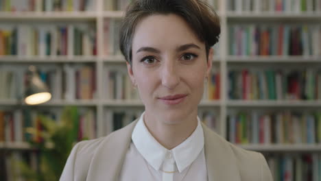 retrato en primer plano de una joven y hermosa mujer bibliotecaria mirando a la cámara pensando pensativo vistiendo un traje elegante en el fondo de la estantería de la biblioteca