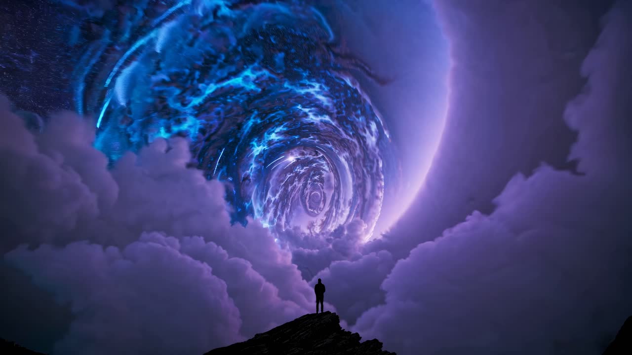 A surreal video concept with a low-angle view of a person silhouetted against a swirling, cosmic