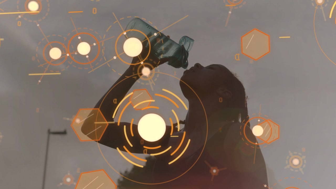 Woman lifting water bottle, drinking to hydrate with orange AR following motion cloudy sky in tech