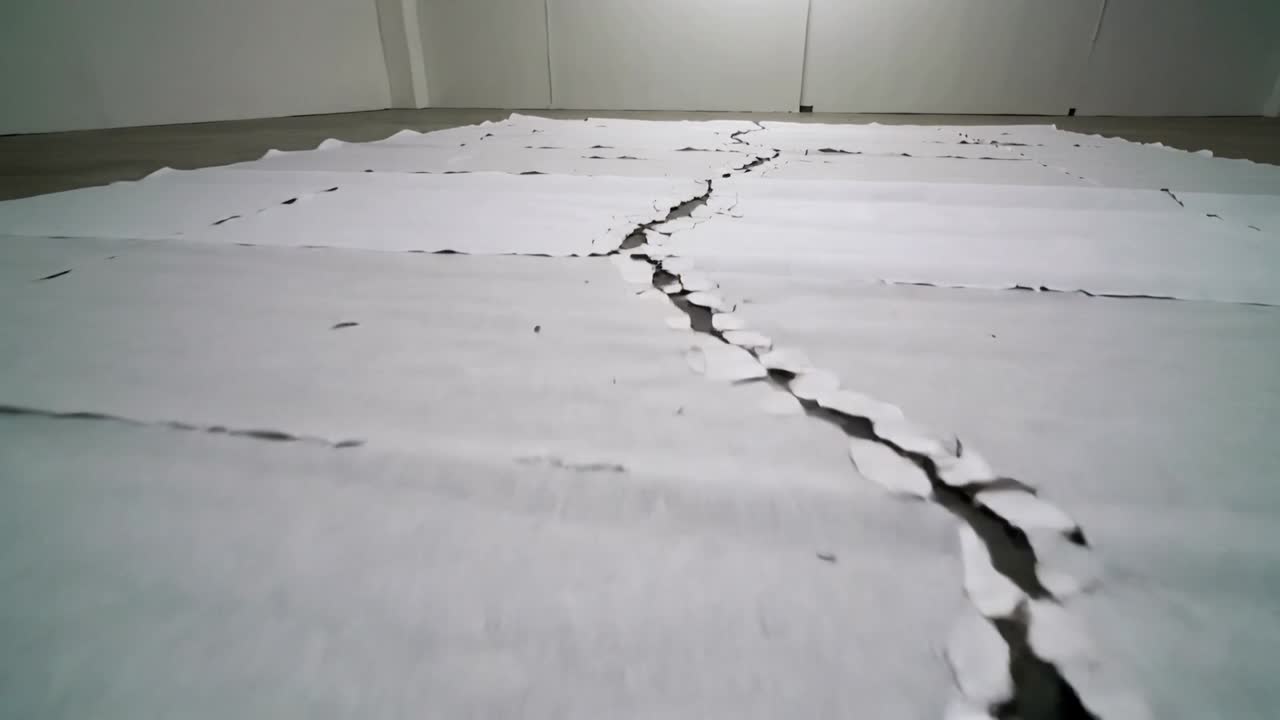 Fotocamera che si allontana rivelando pannelli di carta bianca strappati sul pavimento della galleria, esponendo uno strappo frastagliato.