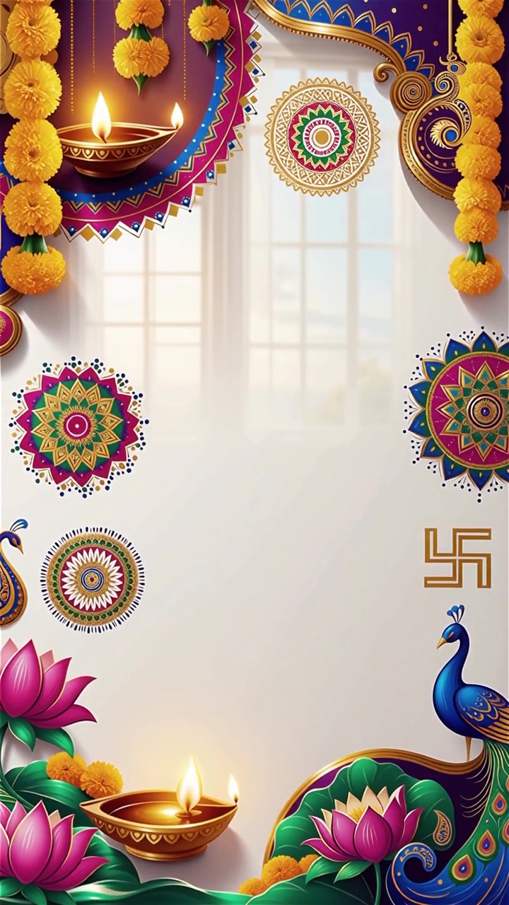 Sfondo Diwali con Diyas luminosi, Rangoli e fiori di loto